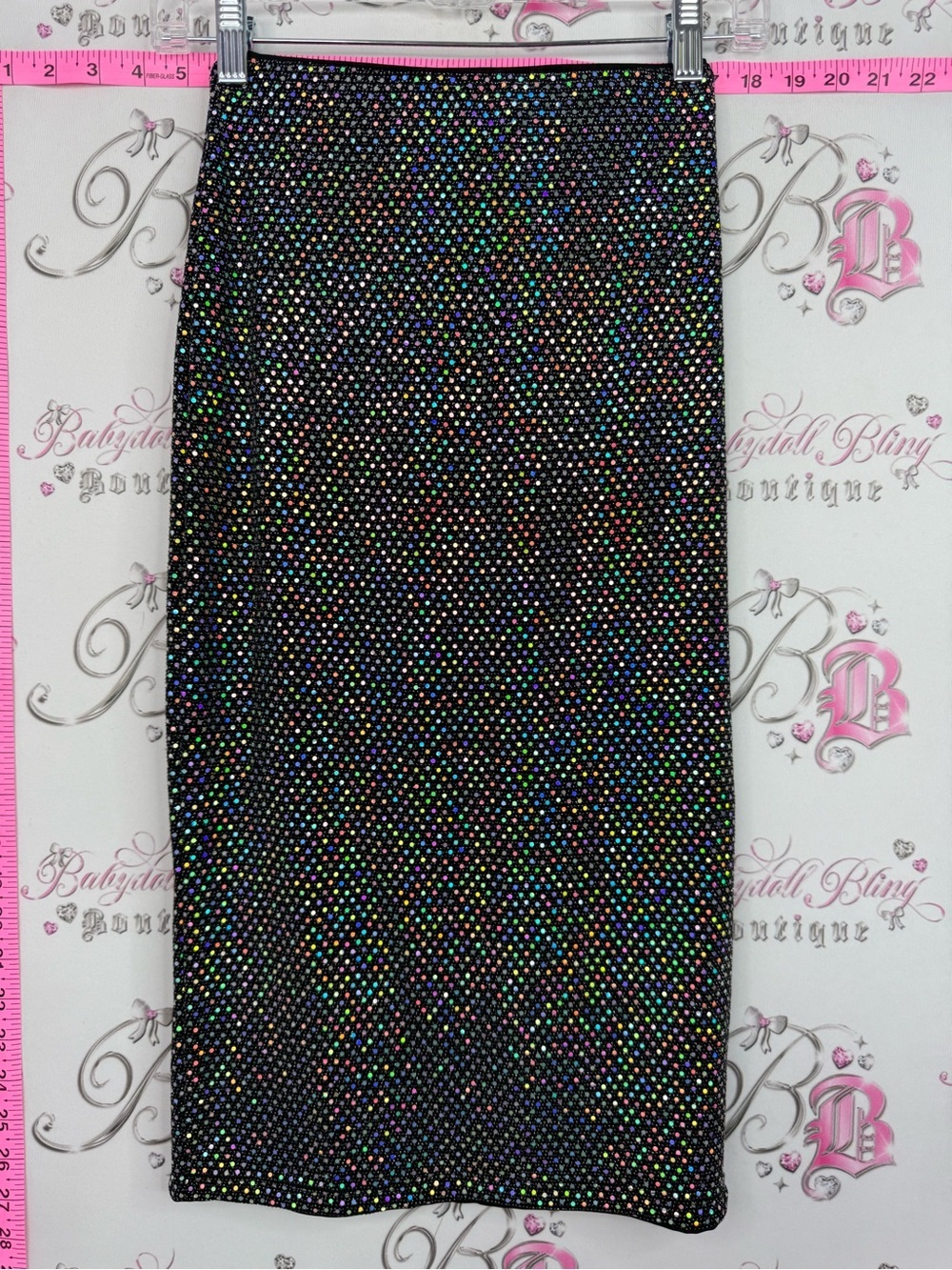 Divided skirt sparkly holographic Black Midi Skirt with Multicolor